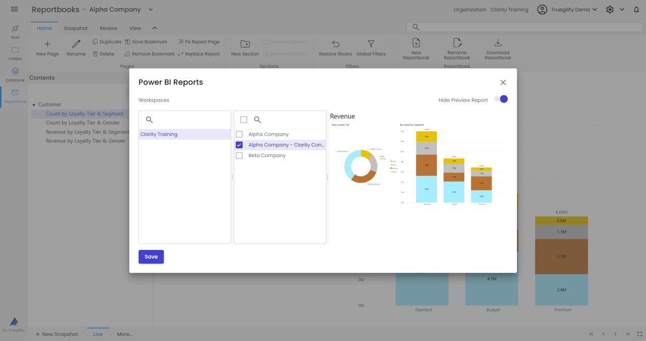 Clarity Reportbook setup showing workspace report selection and page creation for governed analytics delivery.