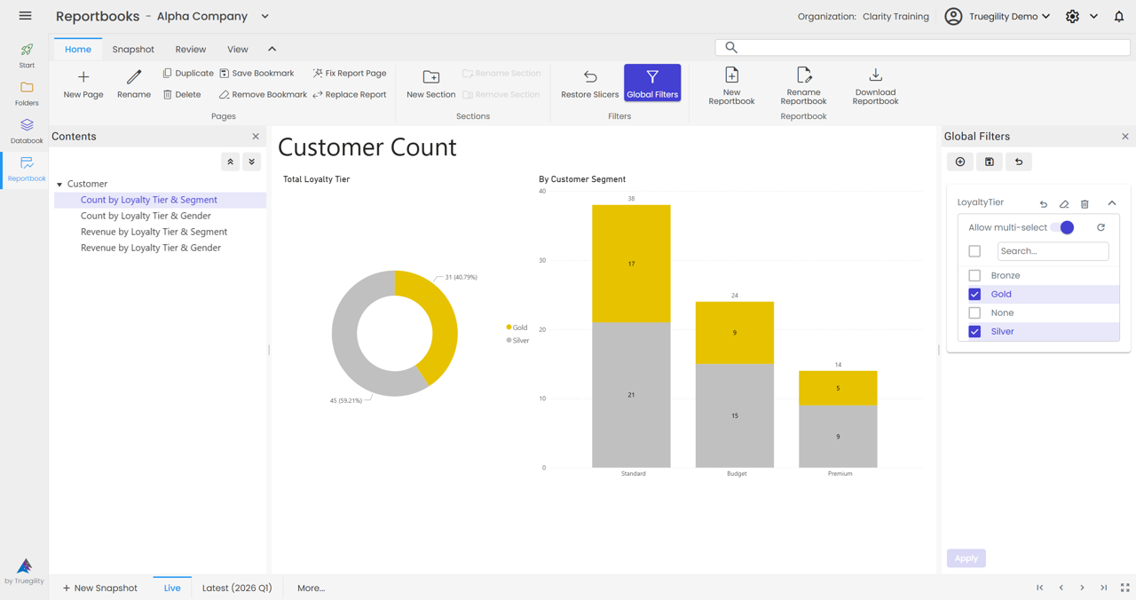 Clarity global filters panel showing one governed filter applied across multiple Reportbook pages and reports.